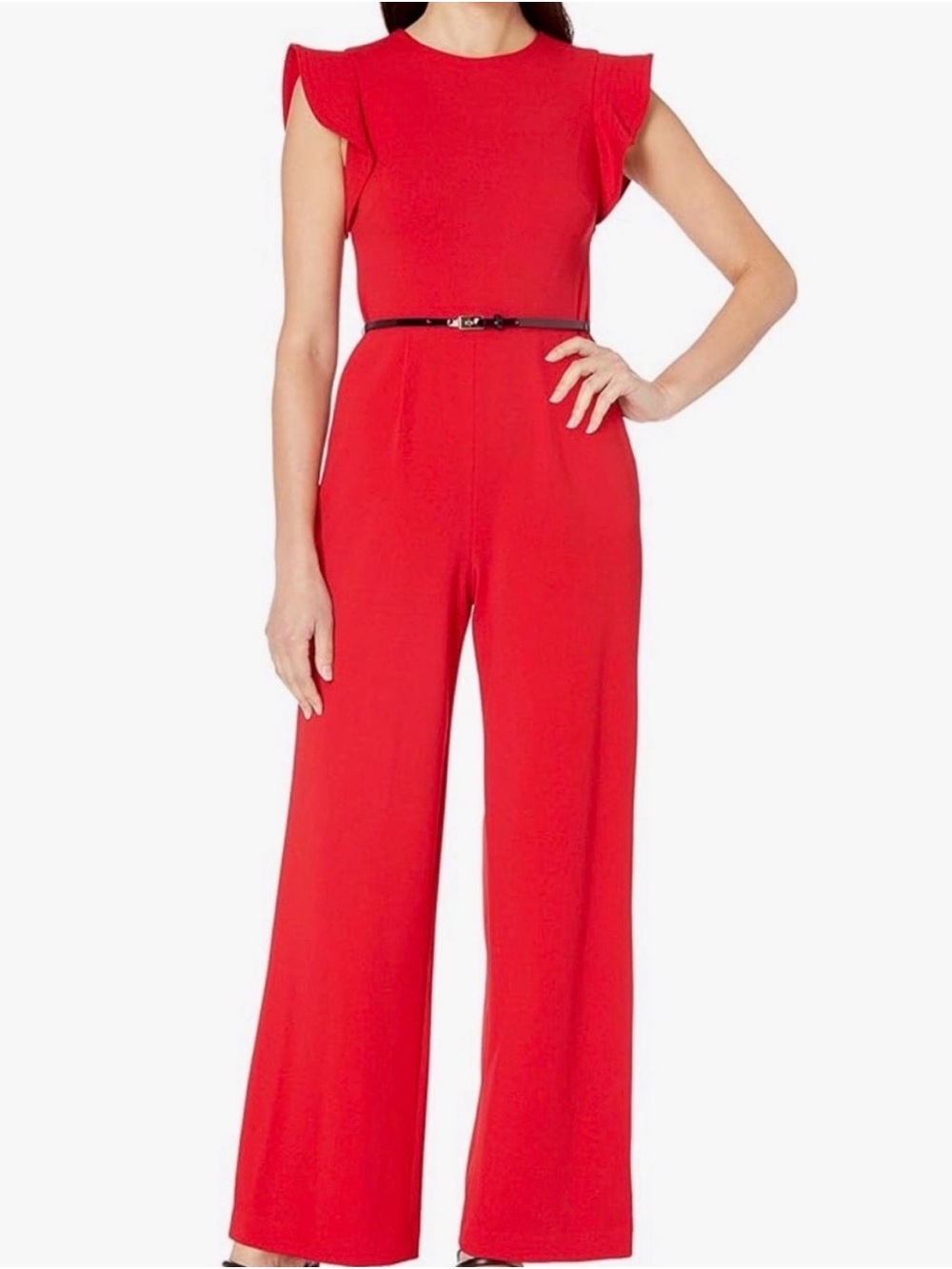 Calvin Klein Red Wide-Leg Jumpsuit with Flutter Cap Sleeves